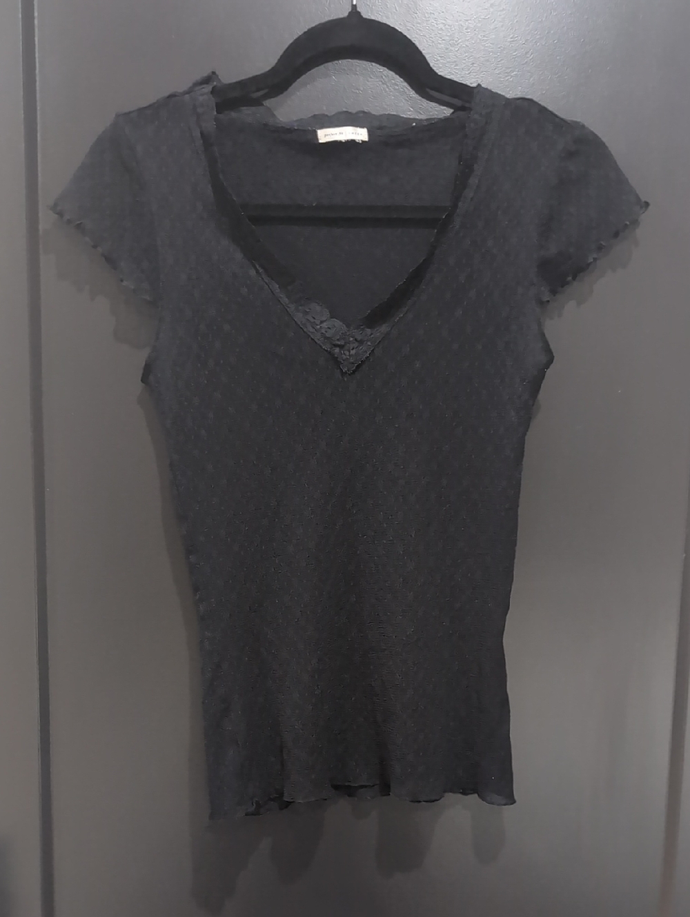 Black Sheer V-Neck Lace Trim Ribbed Tee
